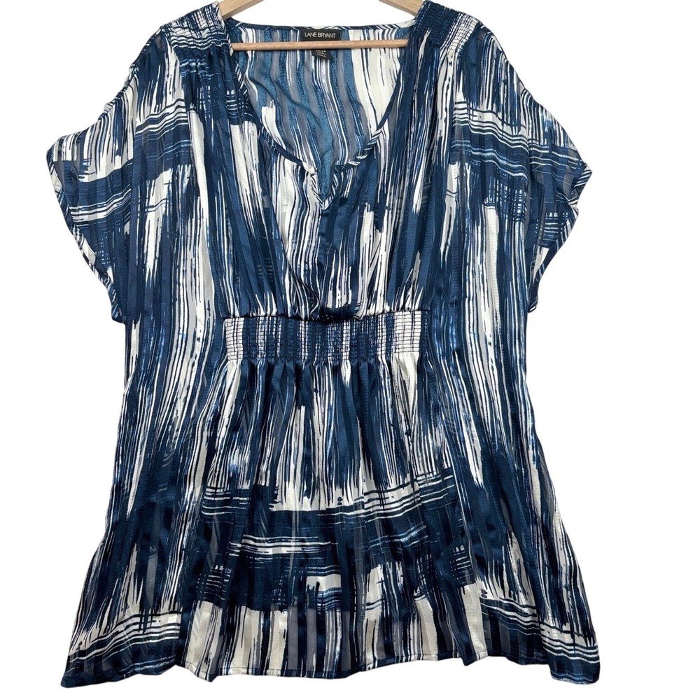 Lane Bryant Blouse Womens 26W Blue White Sheer Chiffon Smocked Waist Boho